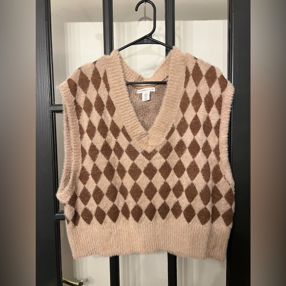 Sincerely Jules Womens Fuzzy Soft Academia Sweater Vest Size XL Tan Brown Argyle